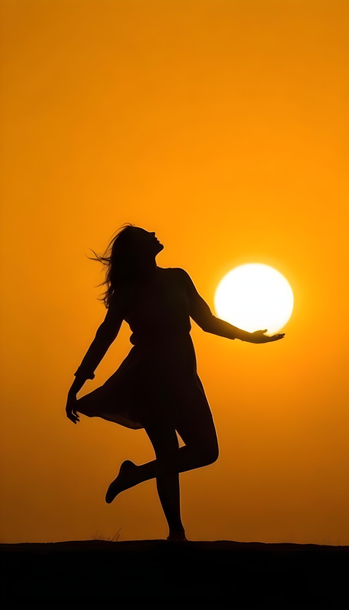 Silhouette Of A Caucasian Woman 22 Years Old Holding The Sun With Her Right Hand In A Yellow Background 5 8813