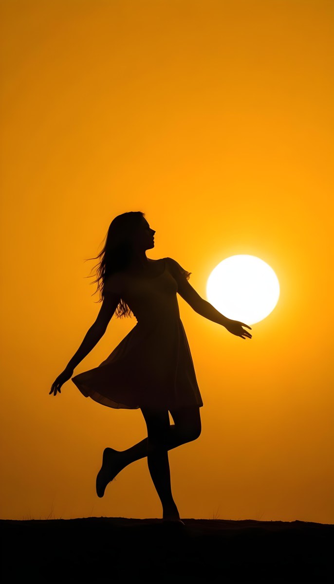 Silhouette Of A Caucasian Woman 22 Years Old Holding The Sun With Her Right Hand In A Yellow Background 7 0cd3