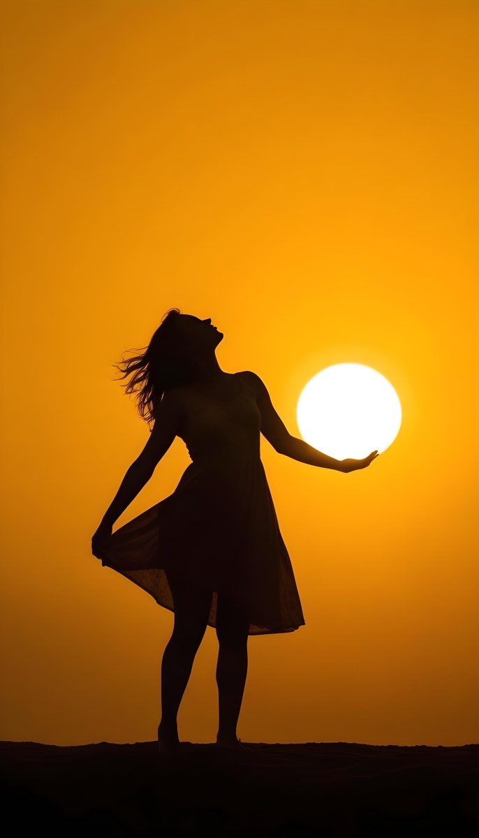 Silhouette Of A Caucasian Woman 22 Years Old Holding The Sun With Her Right Hand In A Yellow Background 9 0919