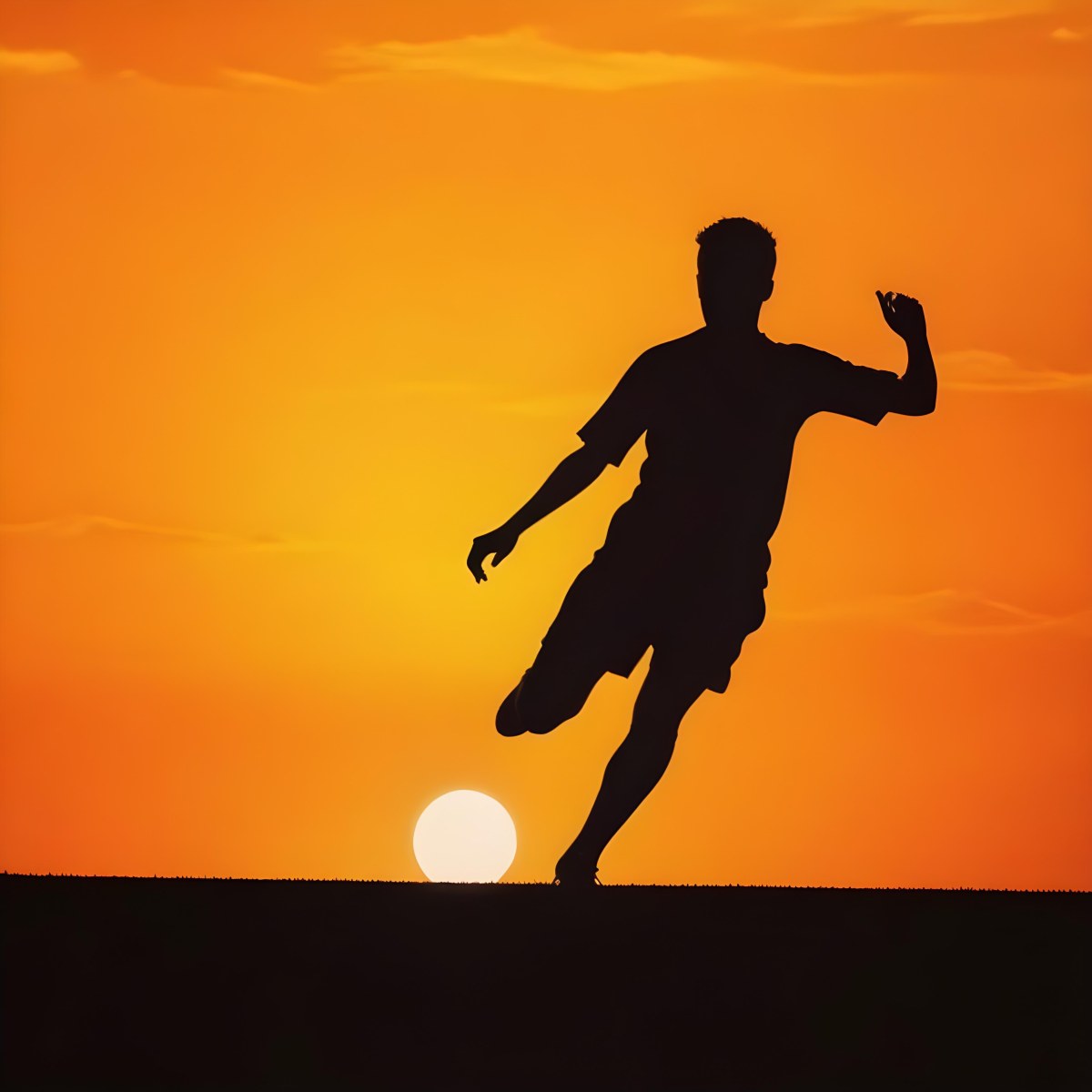 Silhouette Of A Soccer Player Kicking A Ball Dark Skin 25 Years Old Short Dark Hair Soccer Uniform In A Soccer Field With A Sunset In The Background 6 E7c0