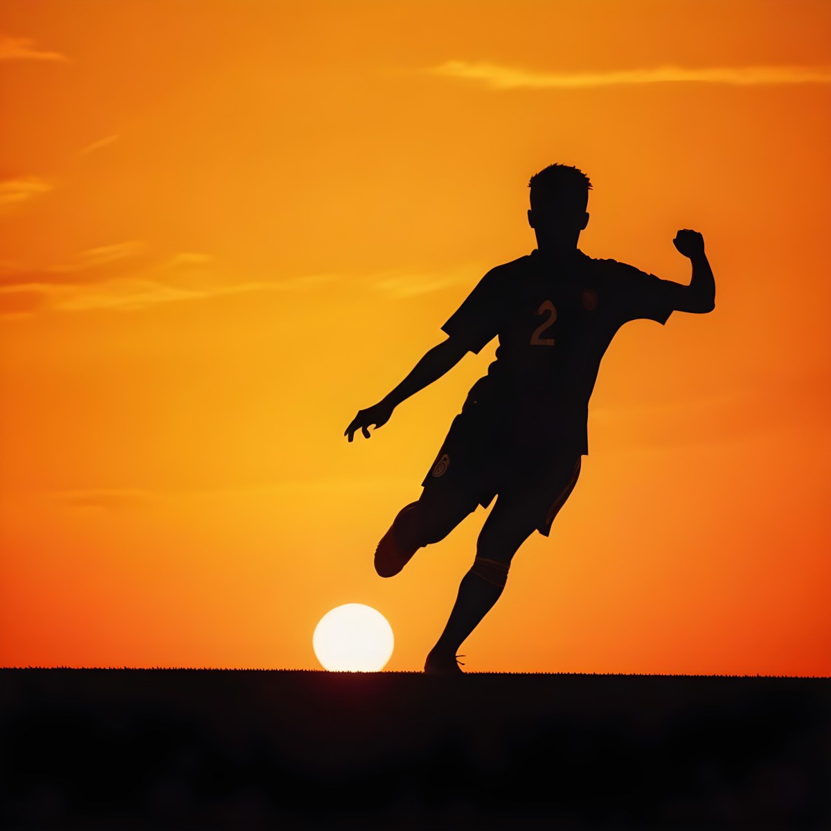 Silhouette Of A Soccer Player Kicking A Ball Dark Skin 25 Years Old Short Dark Hair Soccer Uniform In A Soccer Field With A Sunset In The Background 7 A8b6