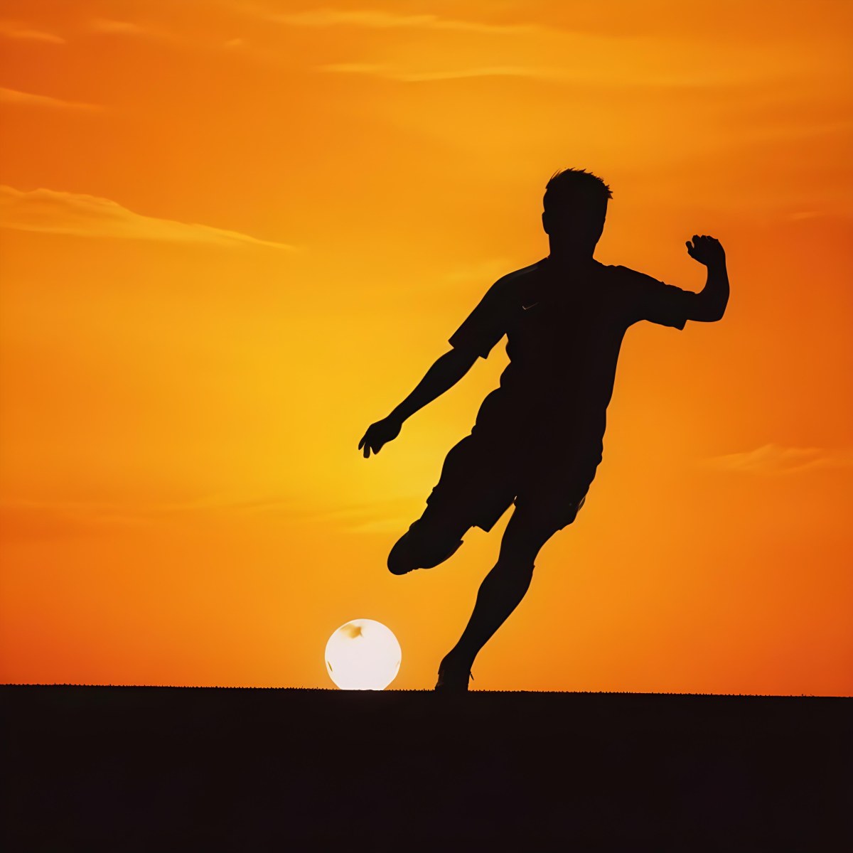 Silhouette Of A Soccer Player Kicking A Ball Dark Skin 25 Years Old Short Dark Hair Soccer Uniform In A Soccer Field With A Sunset In The Background 8 6a47