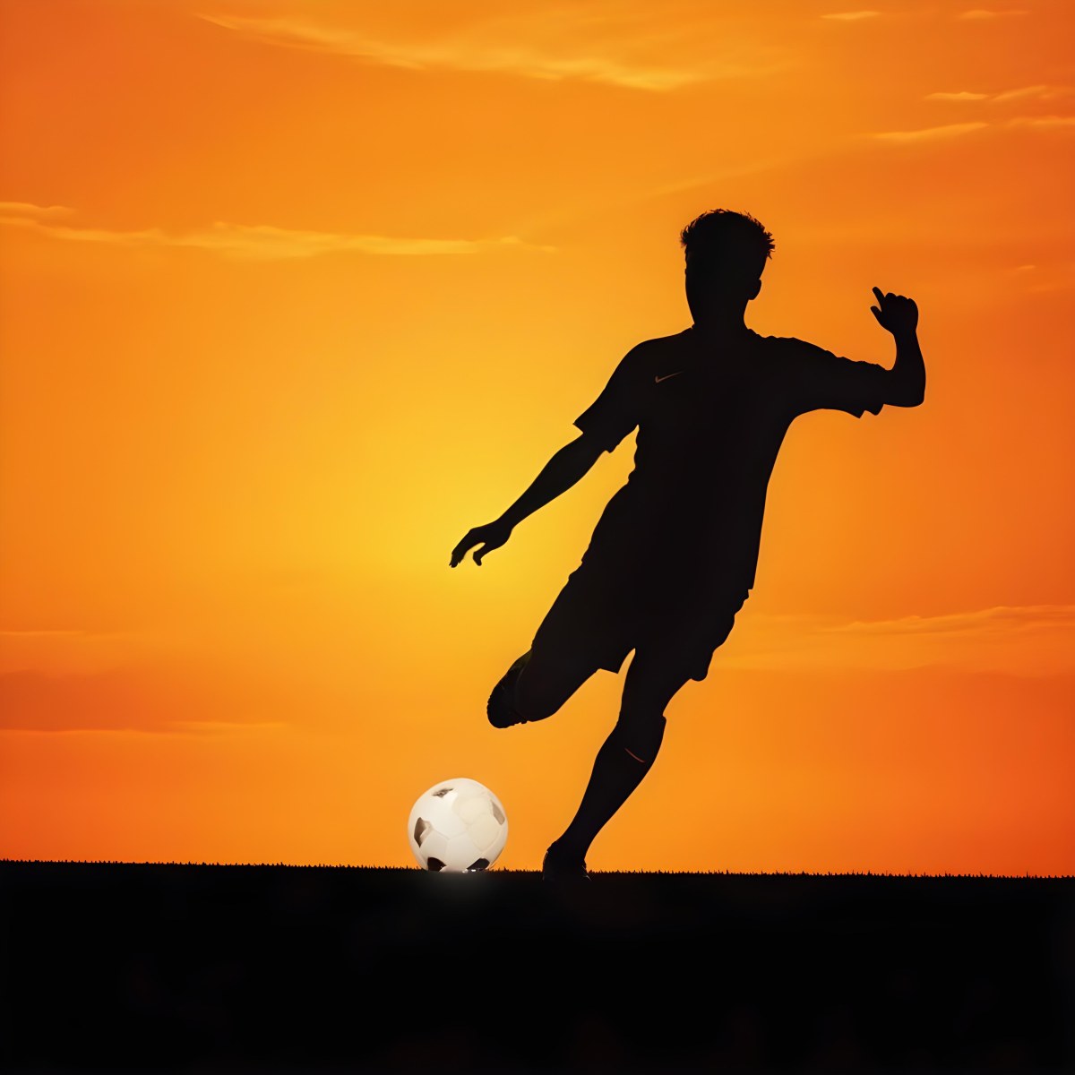 Silhouette Of A Soccer Player Kicking A Ball Dark Skin 25 Years Old Short Dark Hair Soccer Uniform In A Soccer Field With A Sunset In The Background 9 8aa5