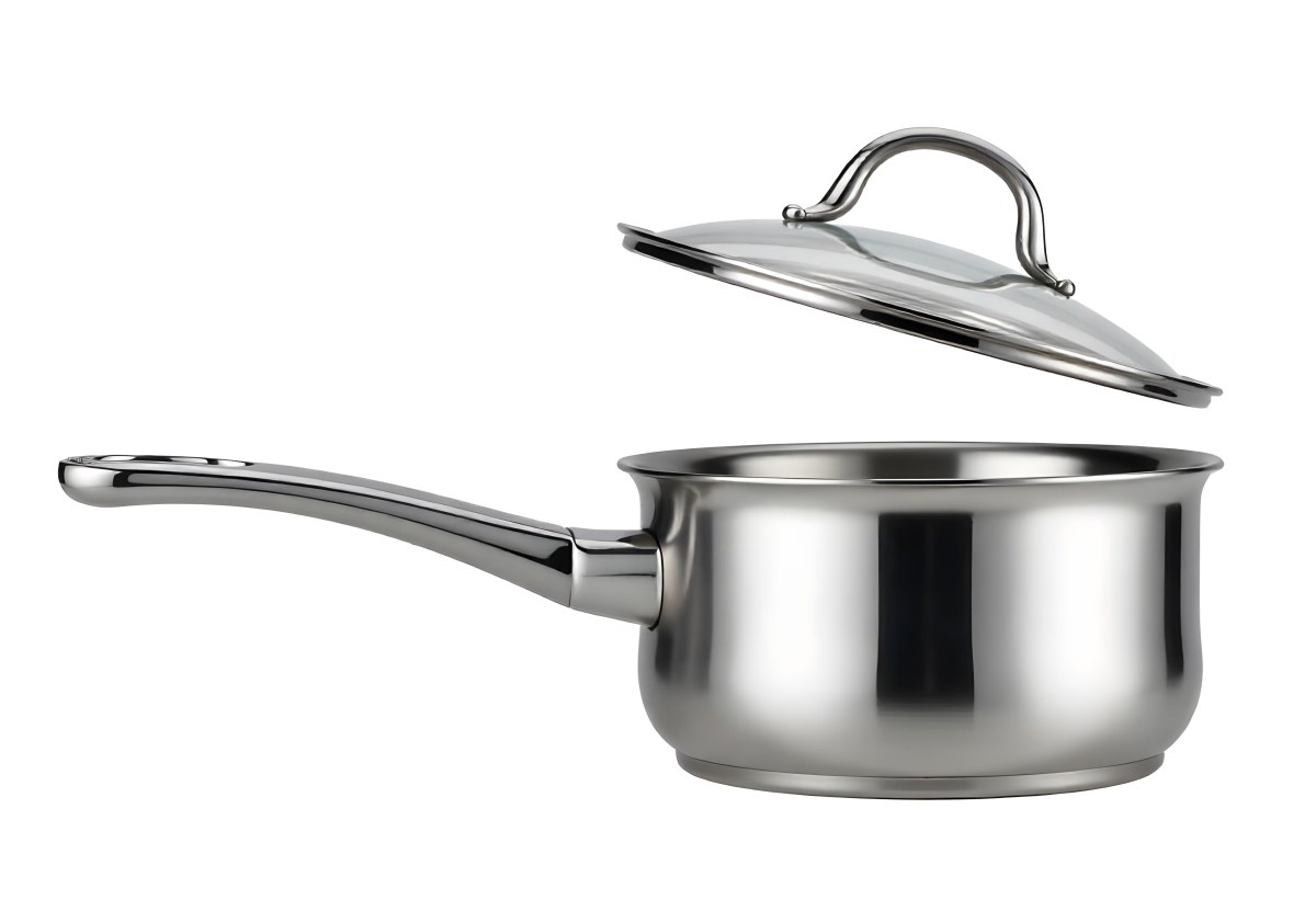 Stainless Steel Saucepan With A Long Handle And A Glass Lid Slightly Open In A White Background 5 C710