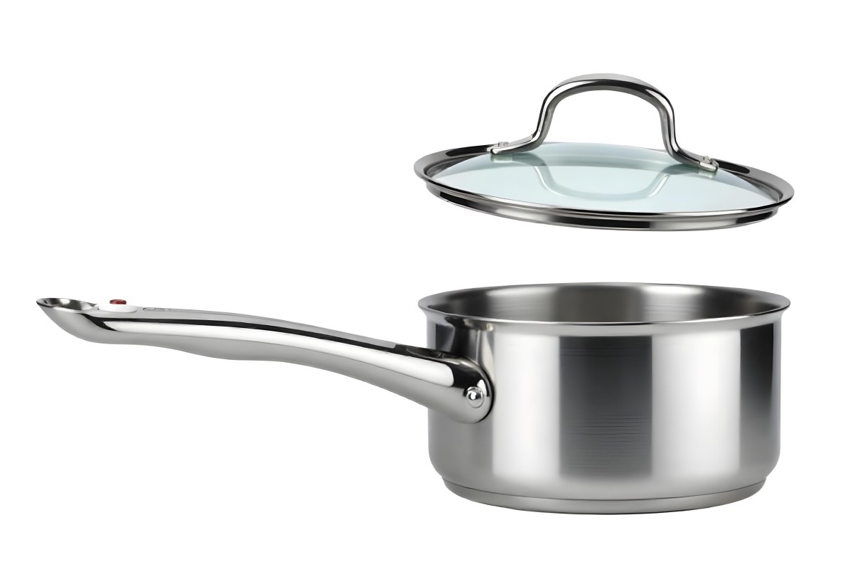 Stainless Steel Saucepan With A Long Handle And A Glass Lid Slightly Open In A White Background 6 F4b8