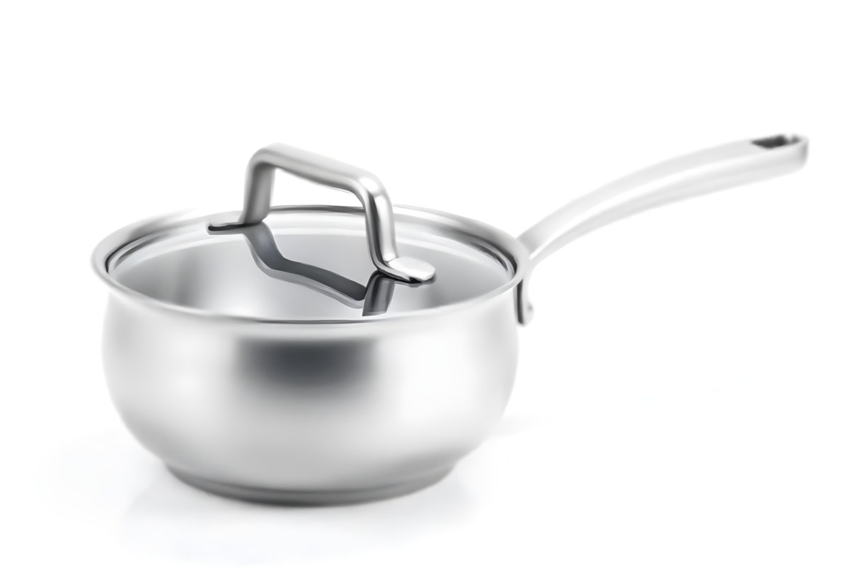 Stainless Steel Saucepan With A Long Handle And A Glass Lid Slightly Open In A White Background 7 83d4