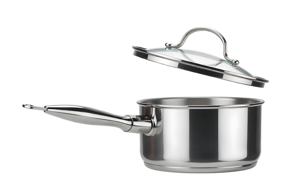 Stainless Steel Saucepan With A Long Handle And A Glass Lid Slightly Open In A White Background 8 0287