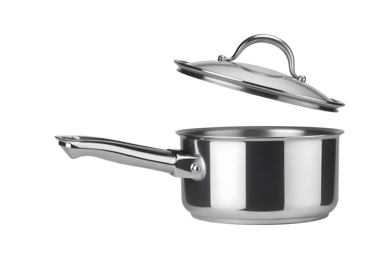 Stainless Steel Saucepan With A Long Handle And A Glass Lid Slightly Open In A White Background 9 7c3d