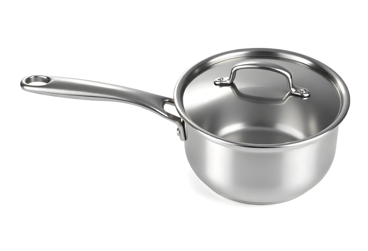 Stainless Steel Saucepan With Lid And Handle Placed On A White Background Kitchenware Cooking Equipment Metal Material Simple Design Clean And Modern 6 7b72