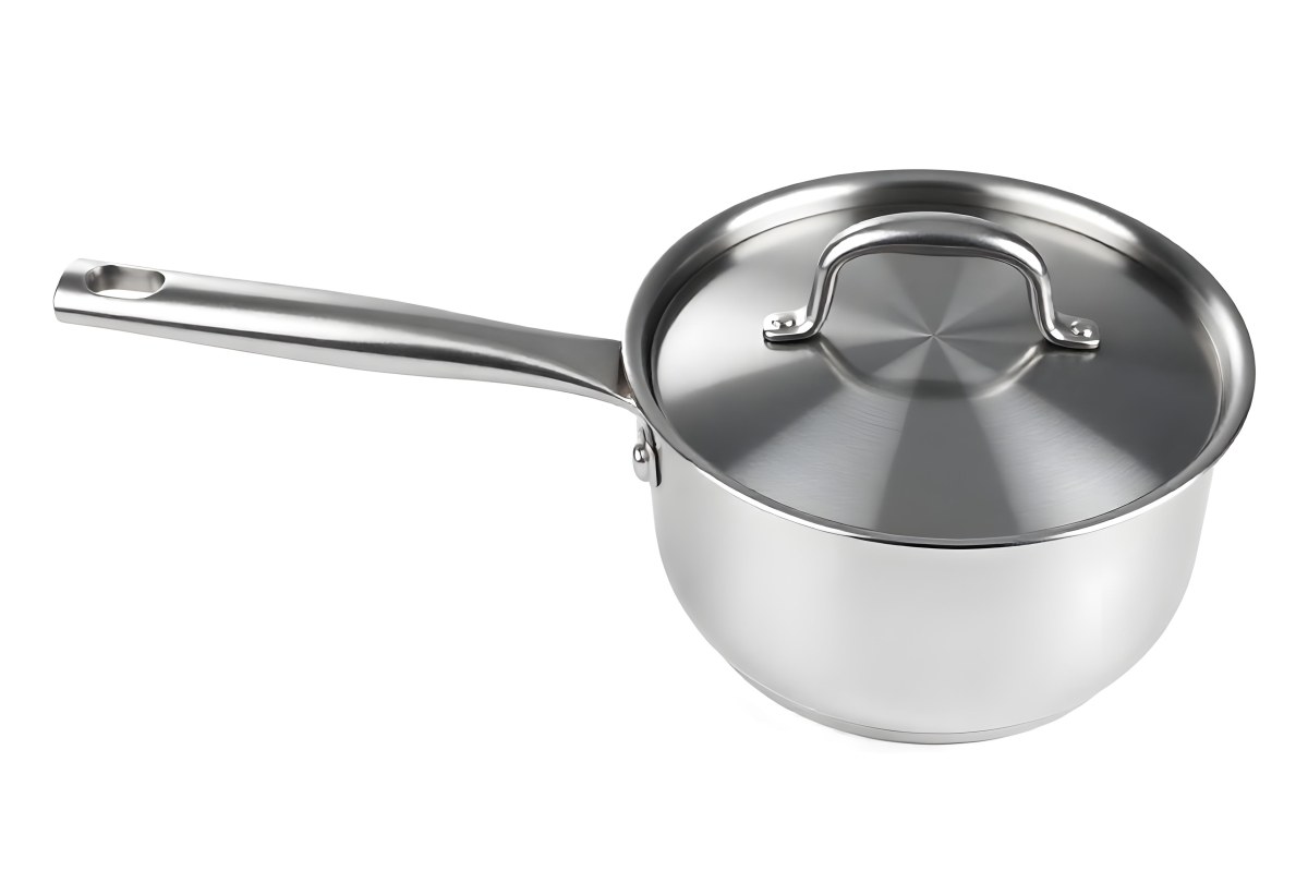 Stainless Steel Saucepan With Lid And Handle Placed On A White Background Kitchenware Cooking Equipment Metal Material Simple Design Clean And Modern 8 6778
