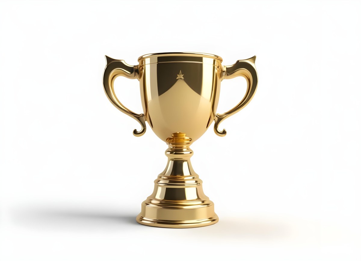 The Style Is 3d Model With Octane Render Volumetric Highly Detailed For Videogame Design A Golden Trophy With Two Handles On A White Background The Trophy Is Shiny And Reflective The Base Is Round And The Cup Is Wid 13 8b6b