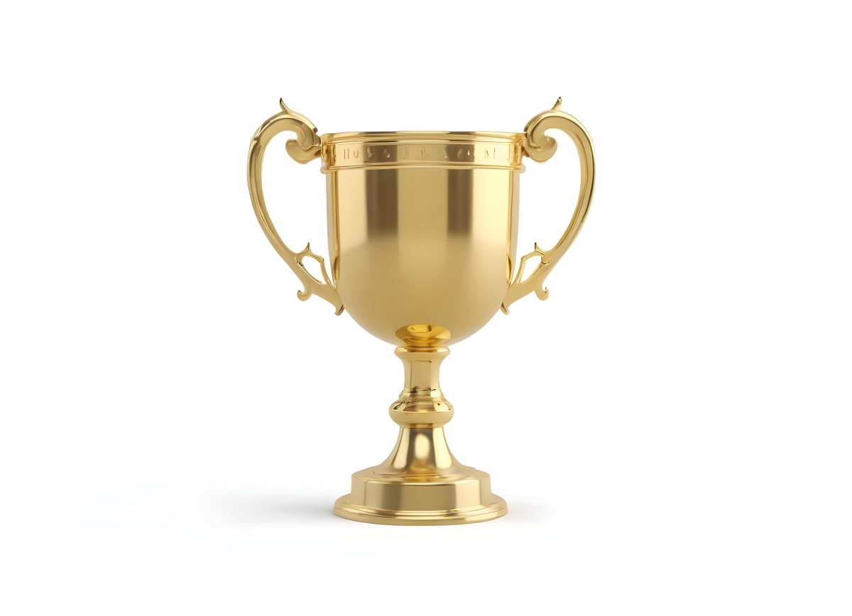 The Style Is 3d Model With Octane Render Volumetric Highly Detailed For Videogame Design A Golden Trophy With Two Handles On A White Background The Trophy Is Shiny And Reflective The Base Is Round And The Cup Is Wid 18 B670