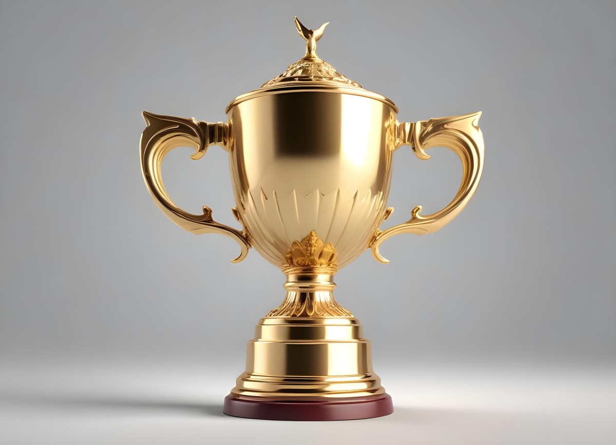 The Style Is 3d Model With Octane Render Volumetric Highly Detailed For Videogame Design A Golden Trophy With Two Handles On A White Background The Trophy Is Shiny And Reflective The Base Is Round And The Cup Is Wid 31 Db73