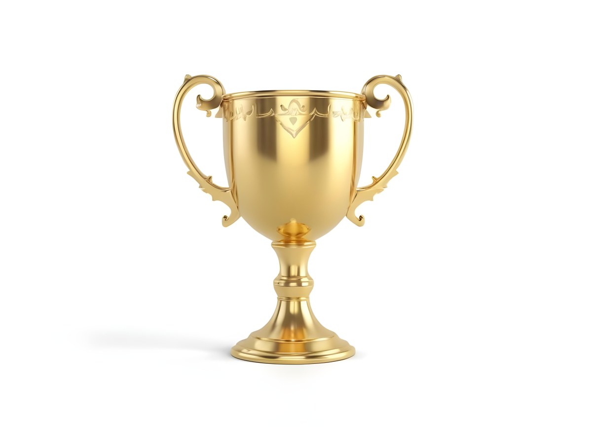 The Style Is 3d Model With Octane Render Volumetric Highly Detailed For Videogame Design A Golden Trophy With Two Handles On A White Background The Trophy Is Shiny And Reflective The Base Is Round And The Cup Is Wid 37 E60c