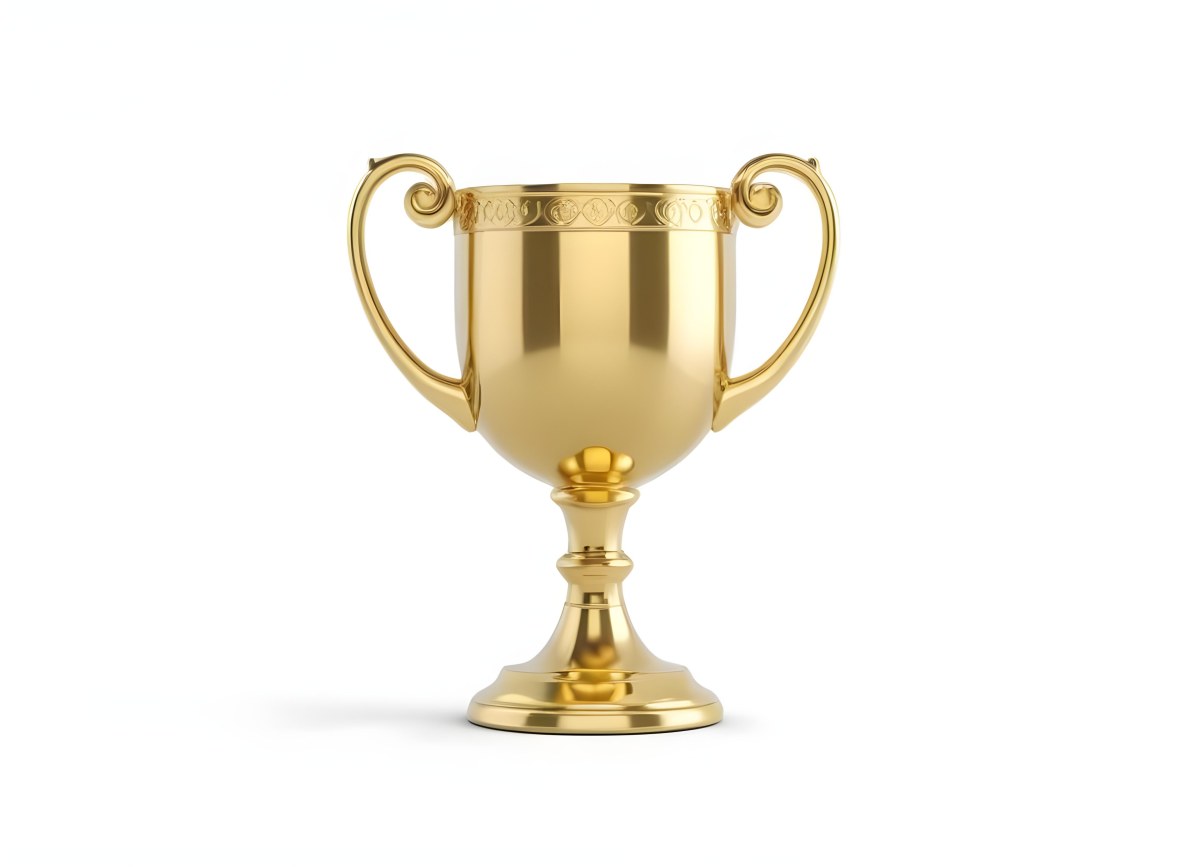 The Style Is 3d Model With Octane Render Volumetric Highly Detailed For Videogame Design A Golden Trophy With Two Handles On A White Background The Trophy Is Shiny And Reflective The Base Is Round And The Cup Is Wid 45 447d