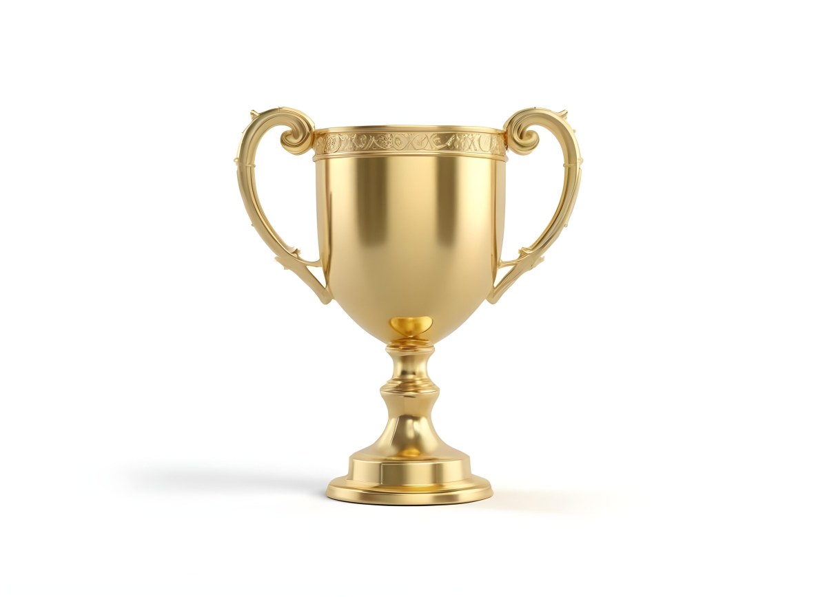 The Style Is 3d Model With Octane Render Volumetric Highly Detailed For Videogame Design A Golden Trophy With Two Handles On A White Background The Trophy Is Shiny And Reflective The Base Is Round And The Cup Is Wid 48 A623