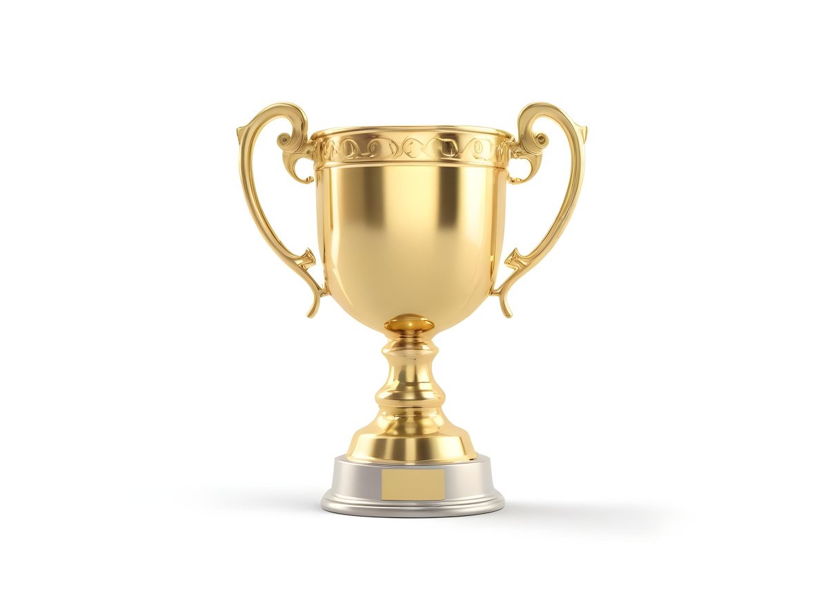 The Style Is 3d Model With Octane Render Volumetric Highly Detailed For Videogame Design A Golden Trophy With Two Handles On A White Background The Trophy Is Shiny And Reflective The Base Is Round And The Cup Is Wid 49 C483