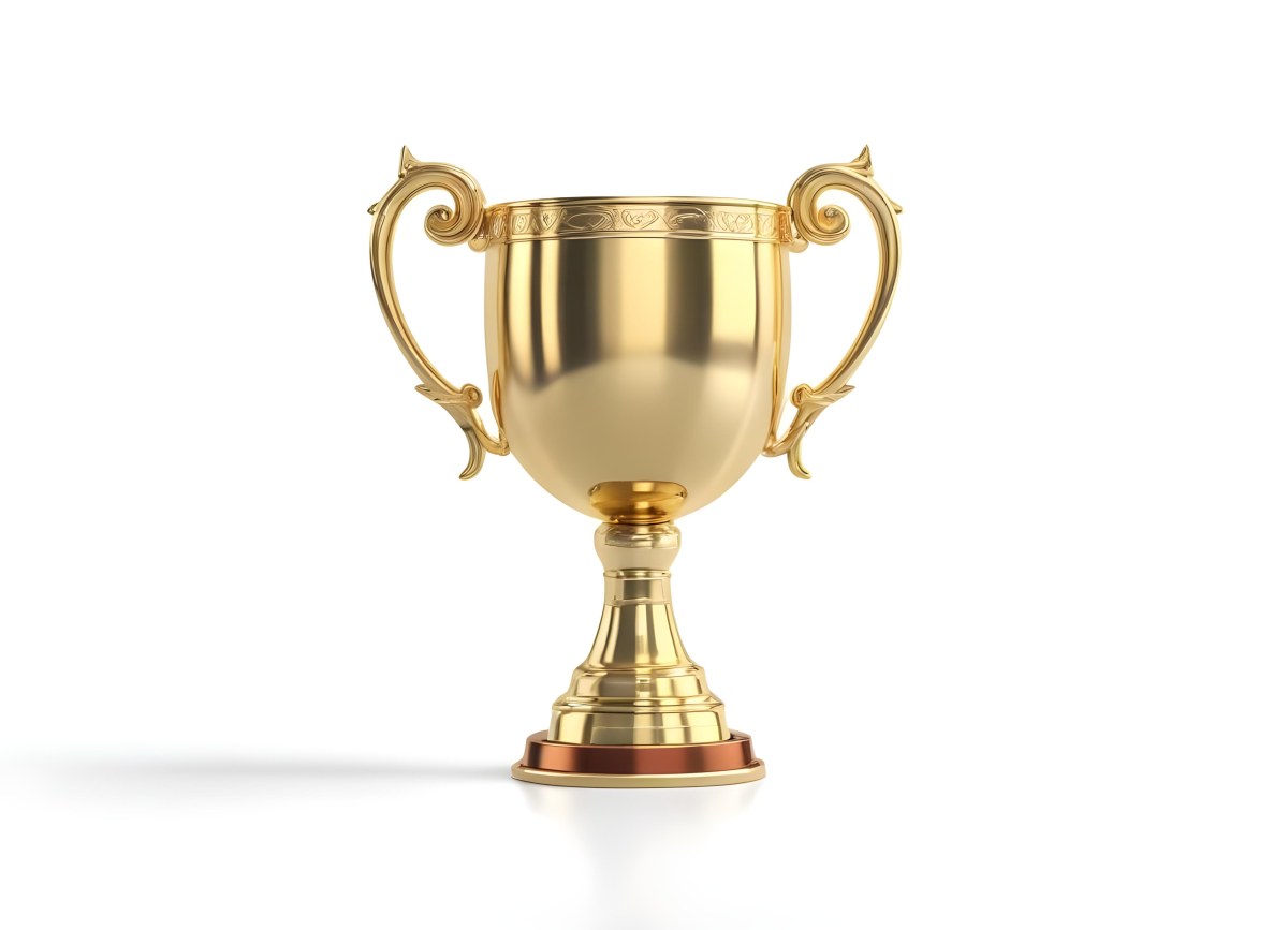 The Style Is 3d Model With Octane Render Volumetric Highly Detailed For Videogame Design A Golden Trophy With Two Handles On A White Background The Trophy Is Shiny And Reflective The Base Is Round And The Cup Is Wid 8 9c2b