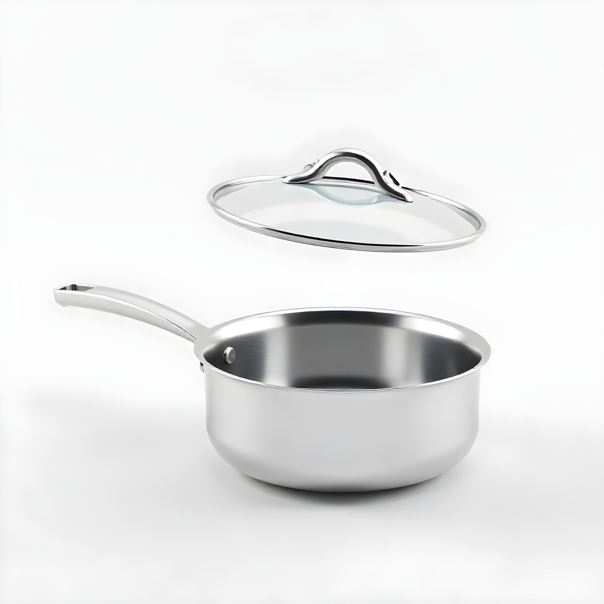The Style Is 3d Model With Octane Render Volumetric Highly Detailed For Videogame Design Stainless Steel Saucepan With A Long Handle And A Glass Lid Floating Above It Casting A Soft Shadow On A White Background 15 3fd1