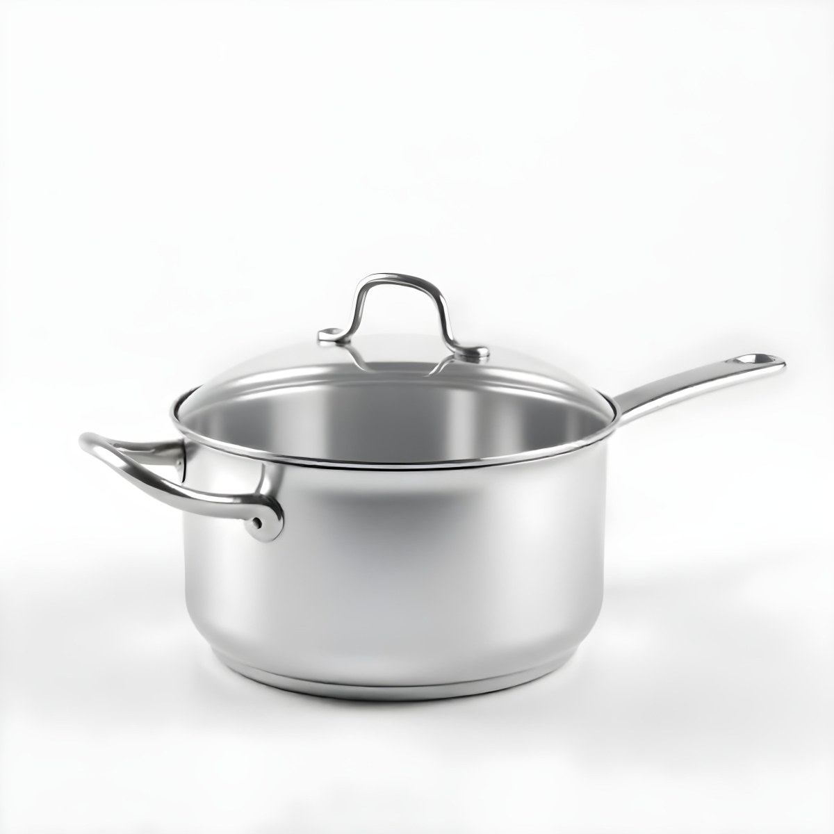 The Style Is 3d Model With Octane Render Volumetric Highly Detailed For Videogame Design Stainless Steel Saucepan With A Long Handle And A Glass Lid Floating Above It Casting A Soft Shadow On A White Background 18 A45f