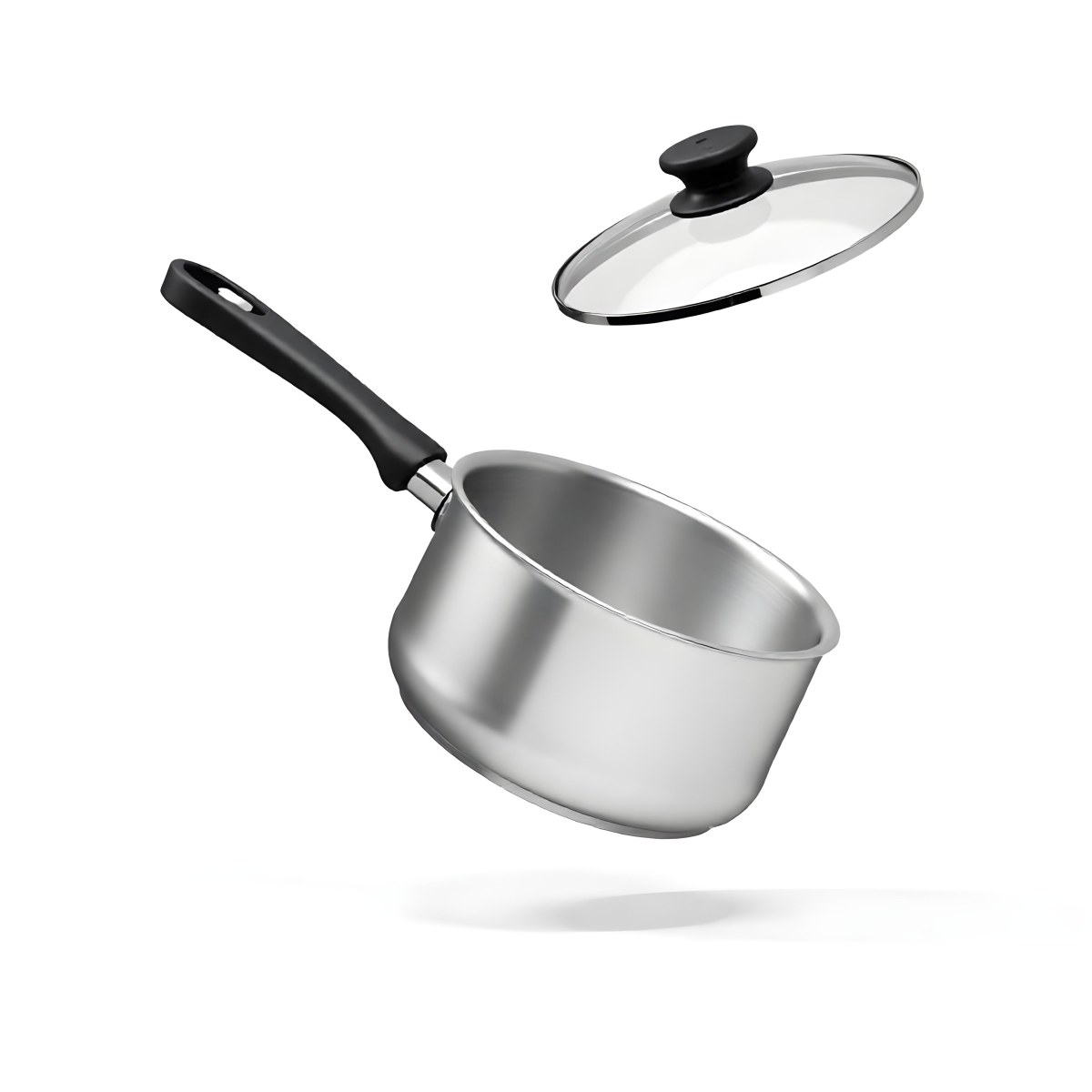 The Style Is 3d Model With Octane Render Volumetric Highly Detailed For Videogame Design Stainless Steel Saucepan With A Long Handle And A Glass Lid Floating Above It Casting A Soft Shadow On A White Background 19 C948