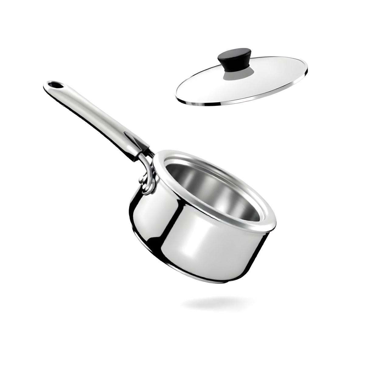The Style Is 3d Model With Octane Render Volumetric Highly Detailed For Videogame Design Stainless Steel Saucepan With A Long Handle And A Glass Lid Floating Above It Casting A Soft Shadow On A White Background 22 B14e