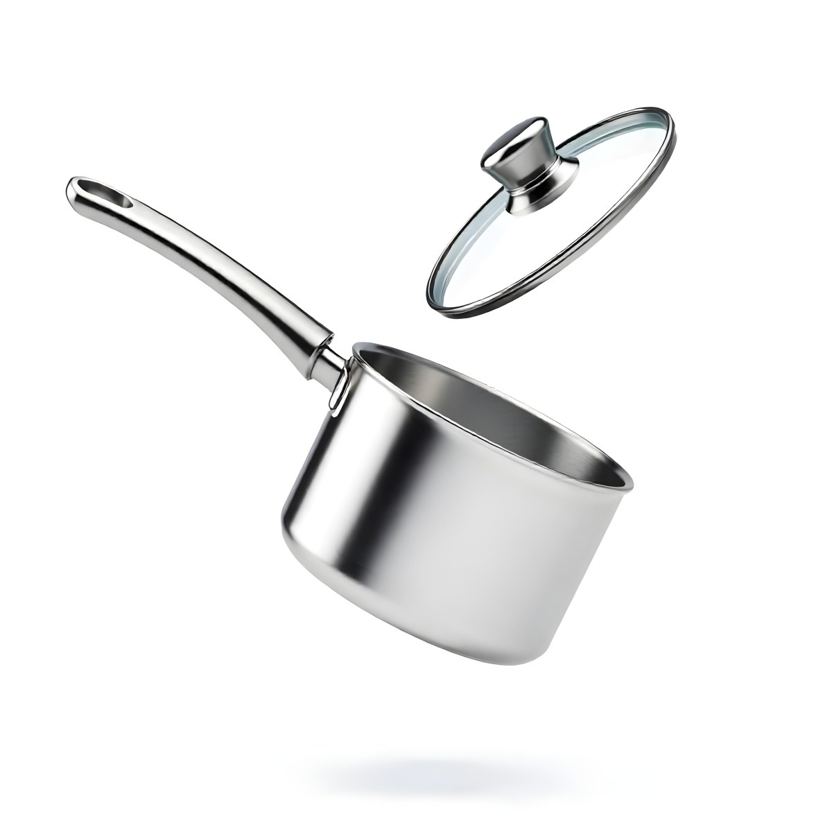 The Style Is 3d Model With Octane Render Volumetric Highly Detailed For Videogame Design Stainless Steel Saucepan With A Long Handle And A Glass Lid Floating Above It Casting A Soft Shadow On A White Background 25 969b