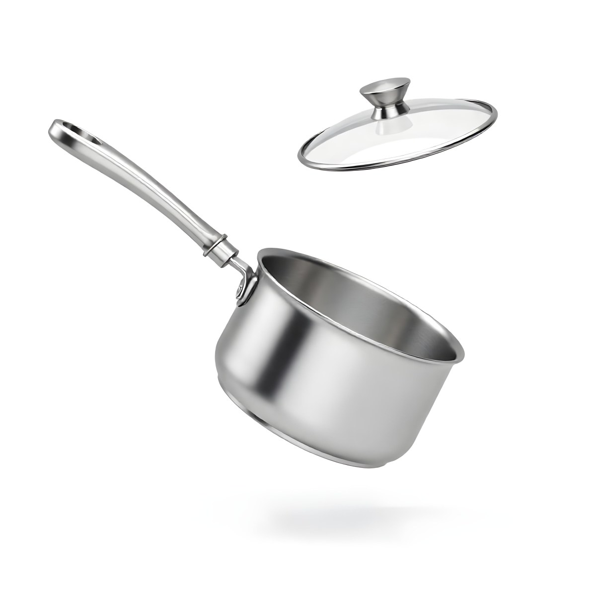 The Style Is 3d Model With Octane Render Volumetric Highly Detailed For Videogame Design Stainless Steel Saucepan With A Long Handle And A Glass Lid Floating Above It Casting A Soft Shadow On A White Background 27 0548