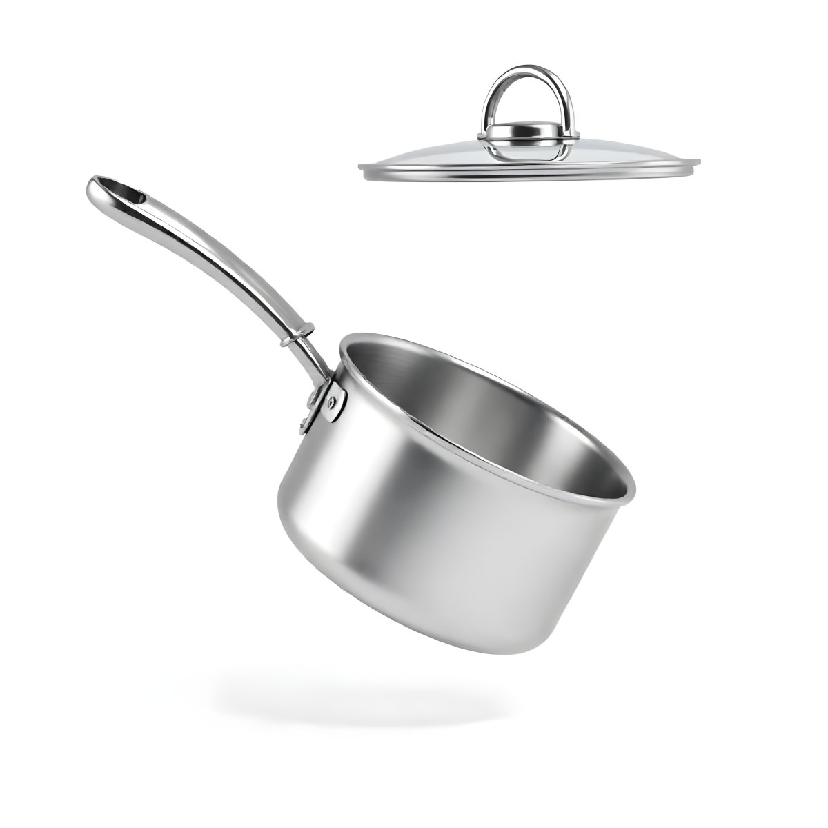 The Style Is 3d Model With Octane Render Volumetric Highly Detailed For Videogame Design Stainless Steel Saucepan With A Long Handle And A Glass Lid Floating Above It Casting A Soft Shadow On A White Background 28 Fb7e
