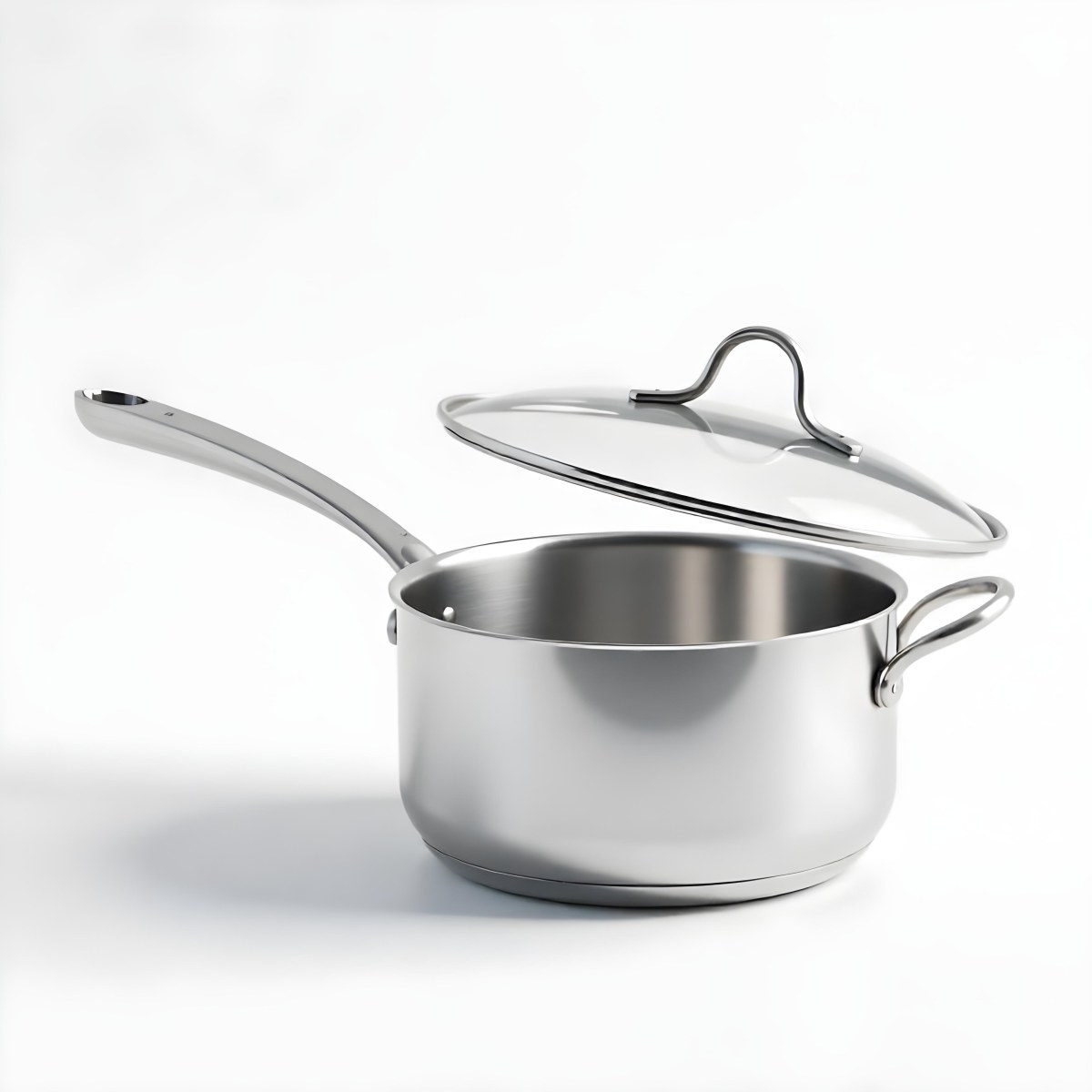 The Style Is 3d Model With Octane Render Volumetric Highly Detailed For Videogame Design Stainless Steel Saucepan With A Long Handle And A Glass Lid Floating Above It Casting A Soft Shadow On A White Background 3 B59f