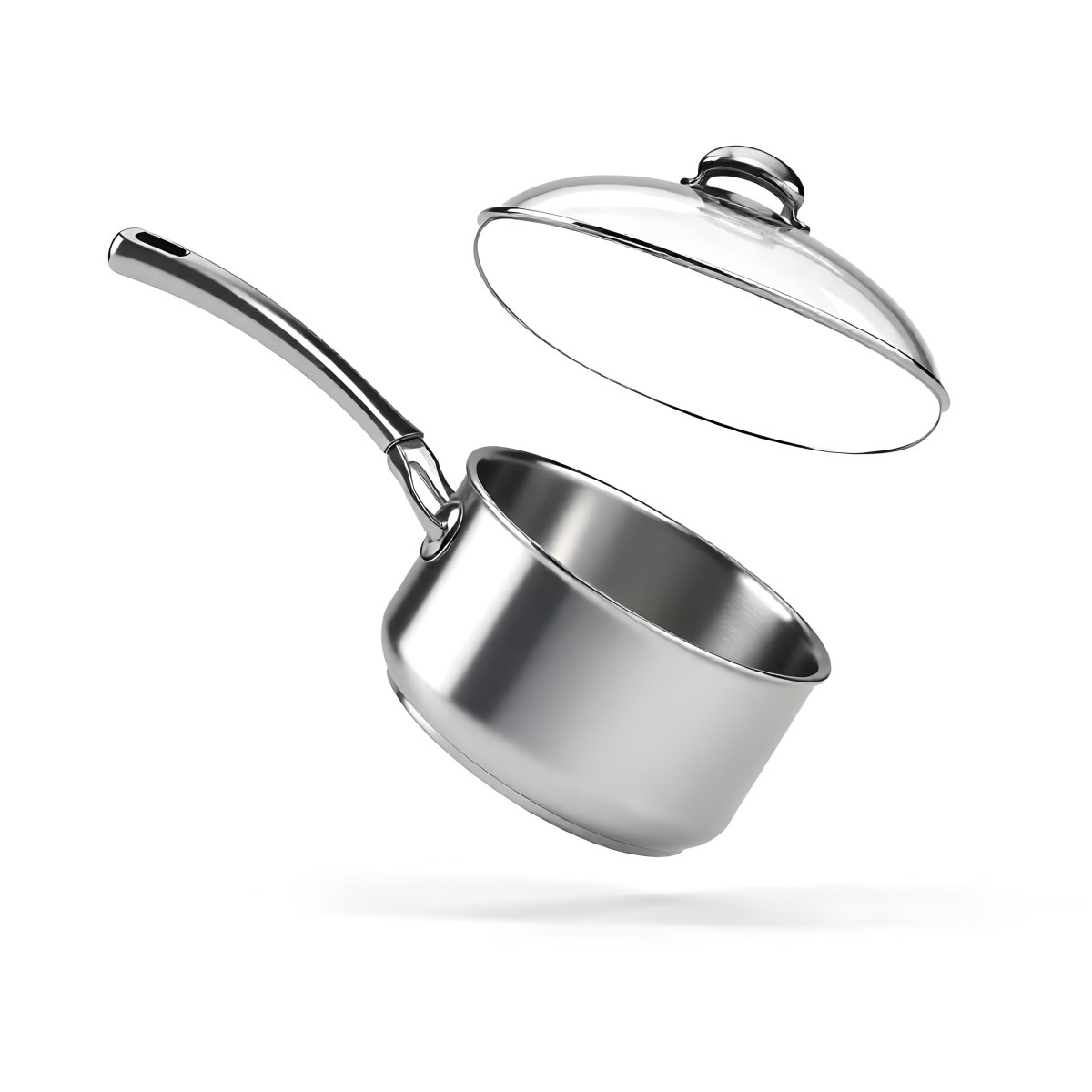The Style Is 3d Model With Octane Render Volumetric Highly Detailed For Videogame Design Stainless Steel Saucepan With A Long Handle And A Glass Lid Floating Above It Casting A Soft Shadow On A White Background 30 927d