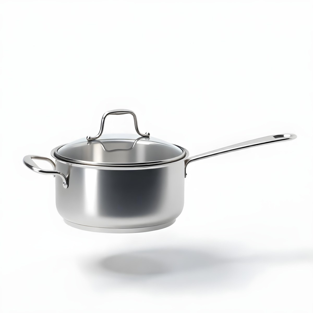 The Style Is 3d Model With Octane Render Volumetric Highly Detailed For Videogame Design Stainless Steel Saucepan With A Long Handle And A Glass Lid Floating Above It Casting A Soft Shadow On A White Background 31 5849