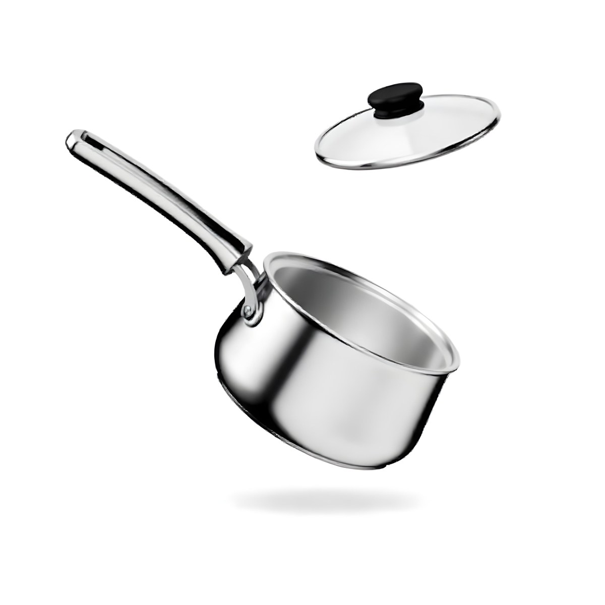The Style Is 3d Model With Octane Render Volumetric Highly Detailed For Videogame Design Stainless Steel Saucepan With A Long Handle And A Glass Lid Floating Above It Casting A Soft Shadow On A White Background 4 25e8