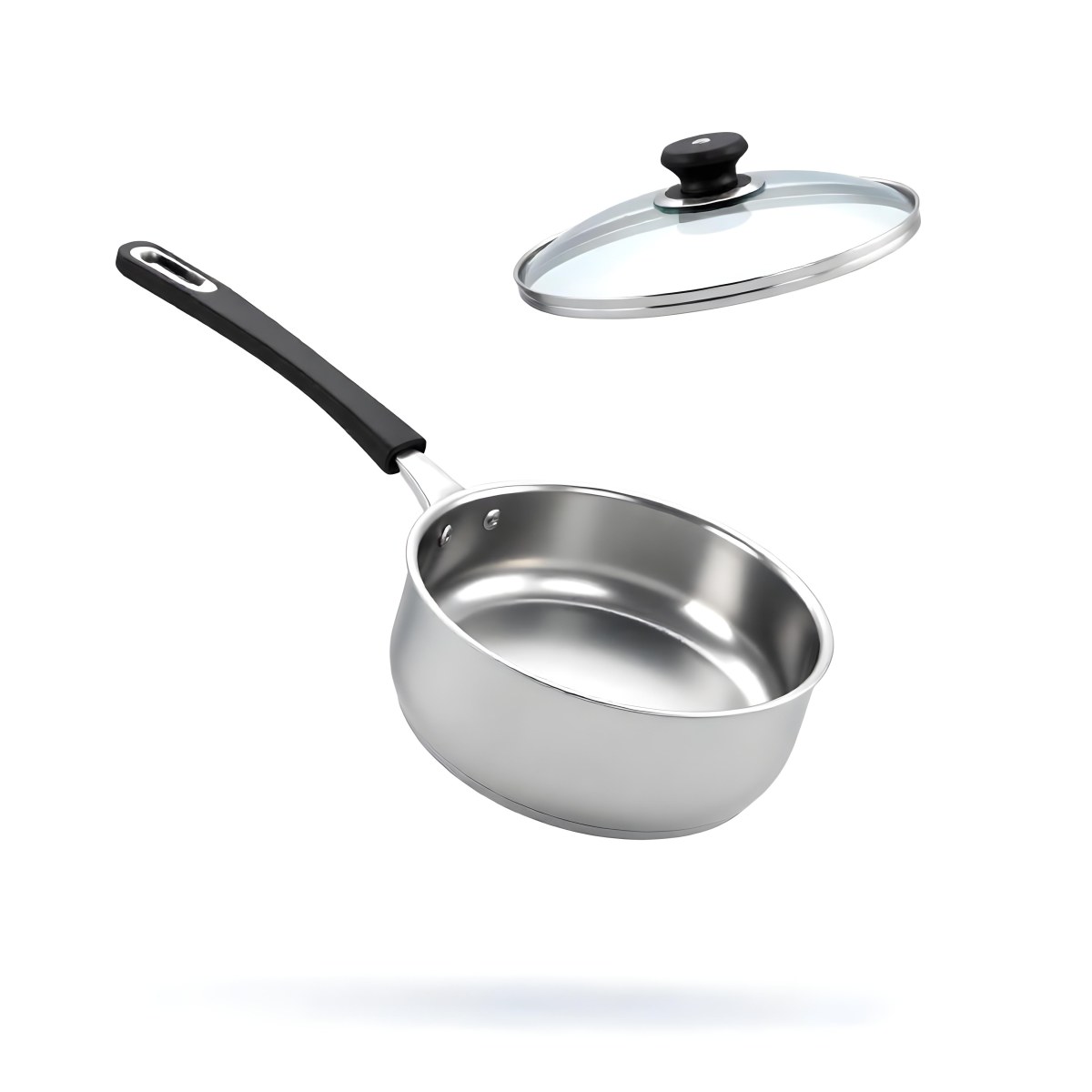 The Style Is 3d Model With Octane Render Volumetric Highly Detailed For Videogame Design Stainless Steel Saucepan With A Long Handle And A Glass Lid Floating Above It Casting A Soft Shadow On A White Background 5 65f1