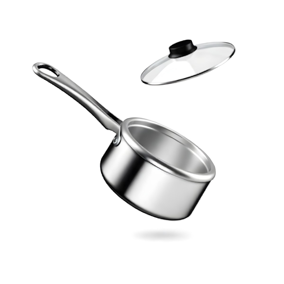 The Style Is 3d Model With Octane Render Volumetric Highly Detailed For Videogame Design Stainless Steel Saucepan With A Long Handle And A Glass Lid Floating Above It Casting A Soft Shadow On A White Background 6 3605