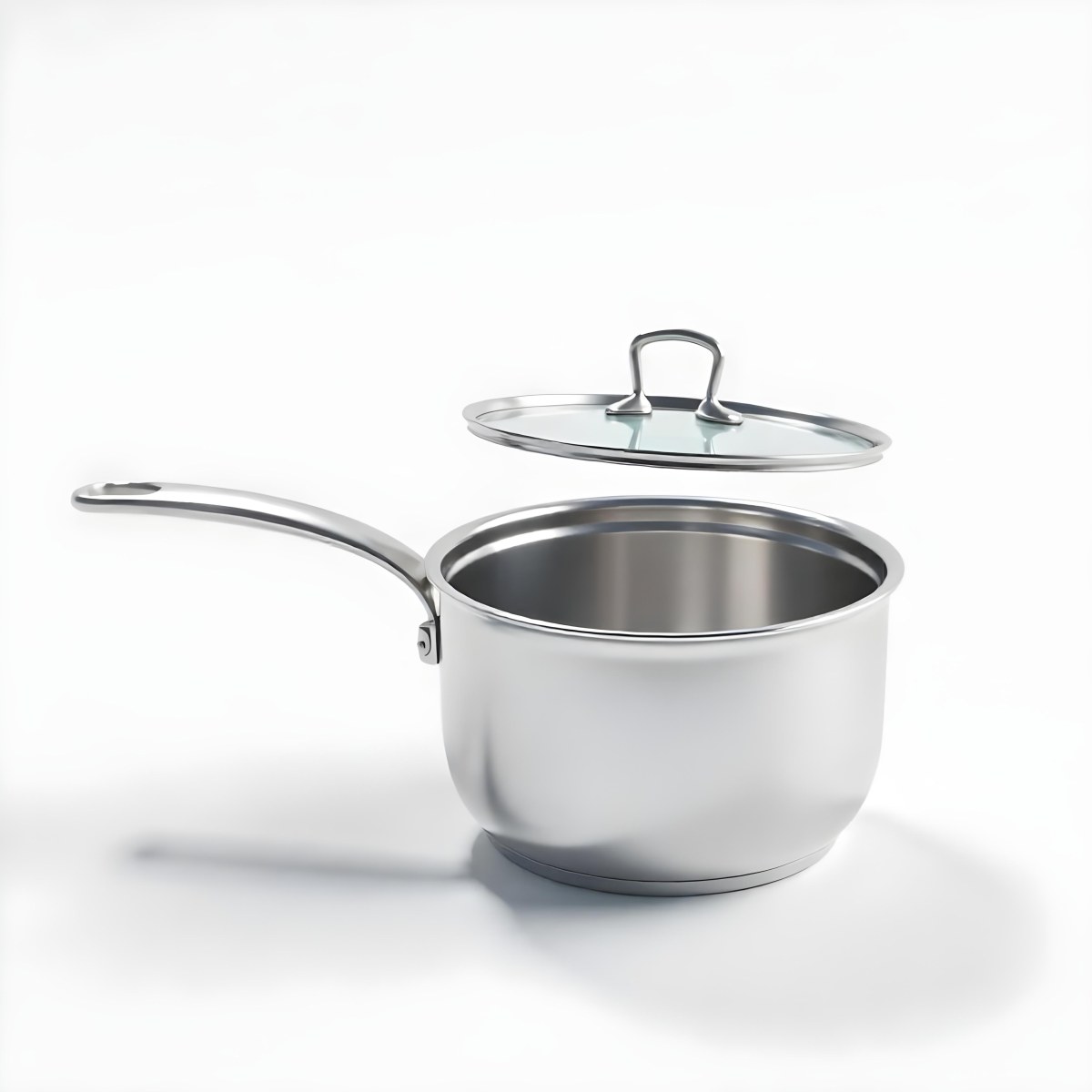 The Style Is 3d Model With Octane Render Volumetric Highly Detailed For Videogame Design Stainless Steel Saucepan With A Long Handle And A Glass Lid Floating Above It Casting A Soft Shadow On A White Background 7 809a