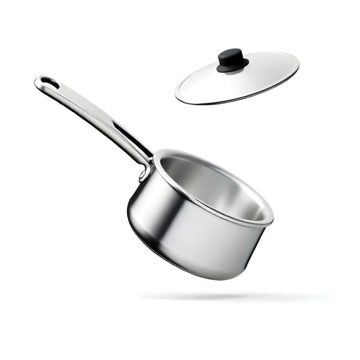 The Style Is 3d Model With Octane Render Volumetric Highly Detailed For Videogame Design Stainless Steel Saucepan With A Long Handle And A Glass Lid Floating Above It Casting A Soft Shadow On A White Background 8 9843