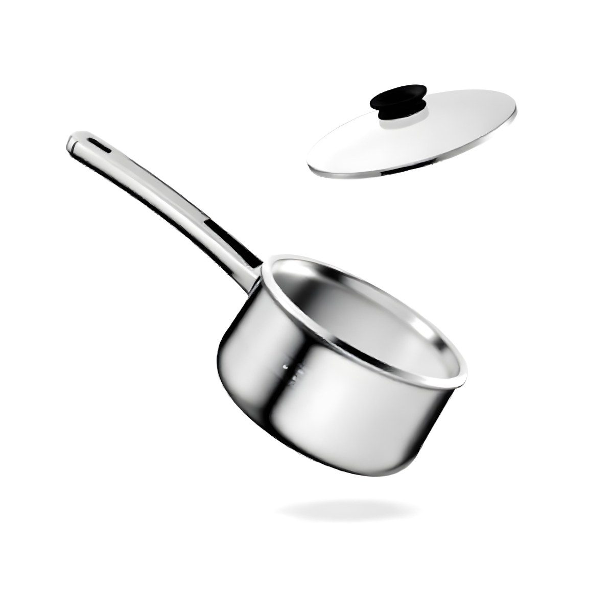 The Style Is 3d Model With Octane Render Volumetric Highly Detailed For Videogame Design Stainless Steel Saucepan With A Long Handle And A Glass Lid Floating Above It Casting A Soft Shadow On A White Background 9 4792