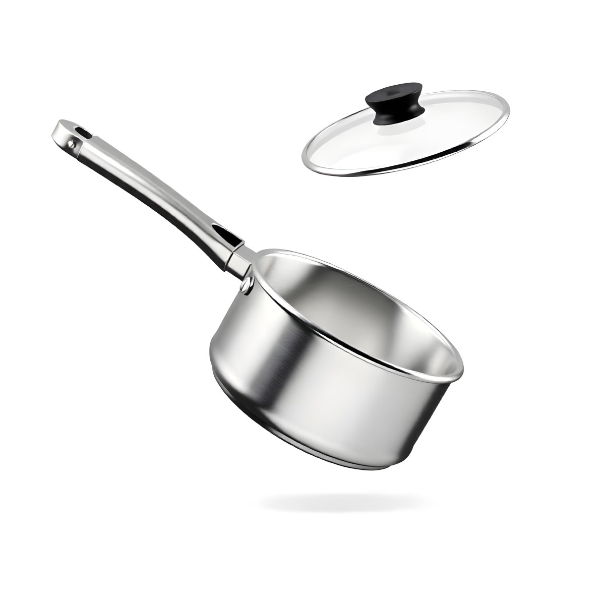 The Style Is 3d Model With Octane Render Volumetric Highly Detailed For Videogame Design Stainless Steel Saucepan With A Long Handle And A Glass Lid Floating Above It Isolated On A White Background 5 7c85