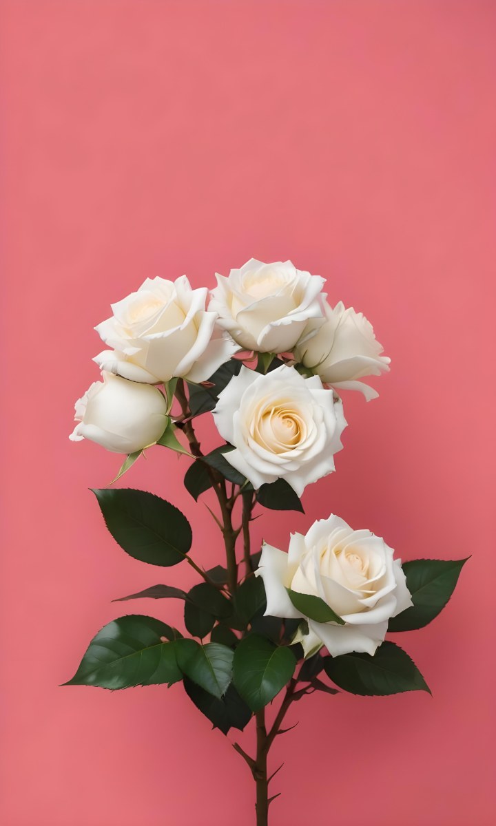 Three White Roses With Green Leaves On A Pink Background 53 3174