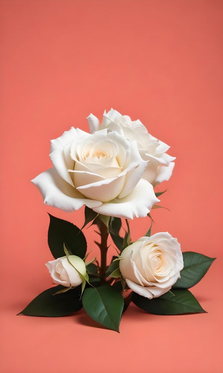 Three White Roses With Green Leaves On A Pink Background 54 F57c