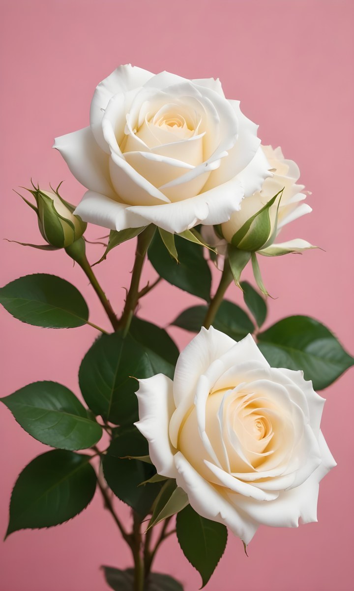 Three White Roses With Green Leaves On A Pink Background 60 5a8b