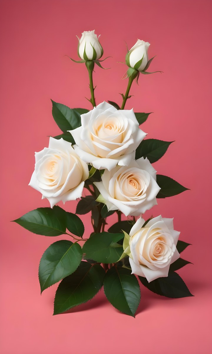 Three White Roses With Green Leaves On A Pink Background 68 67ca