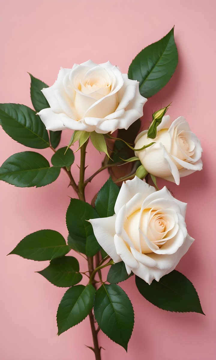 Three White Roses With Green Leaves On A Pink Background 71 E907