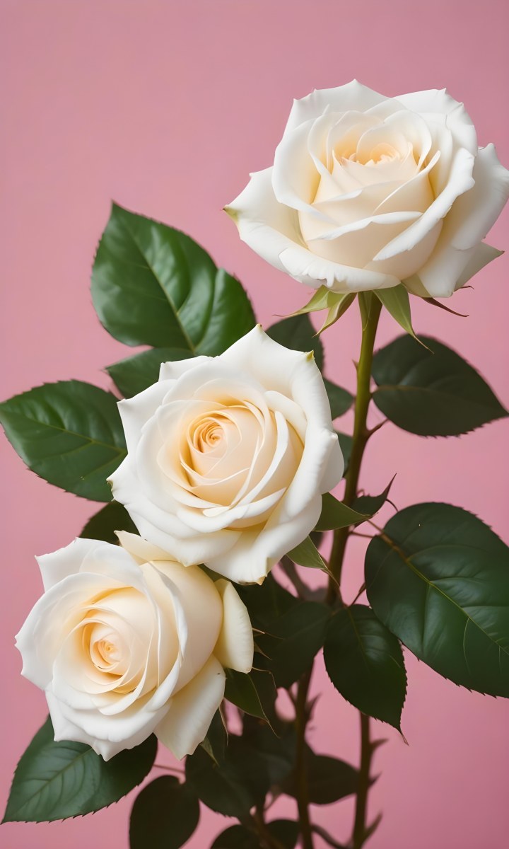 Three White Roses With Green Leaves On A Pink Background 74 Dbea