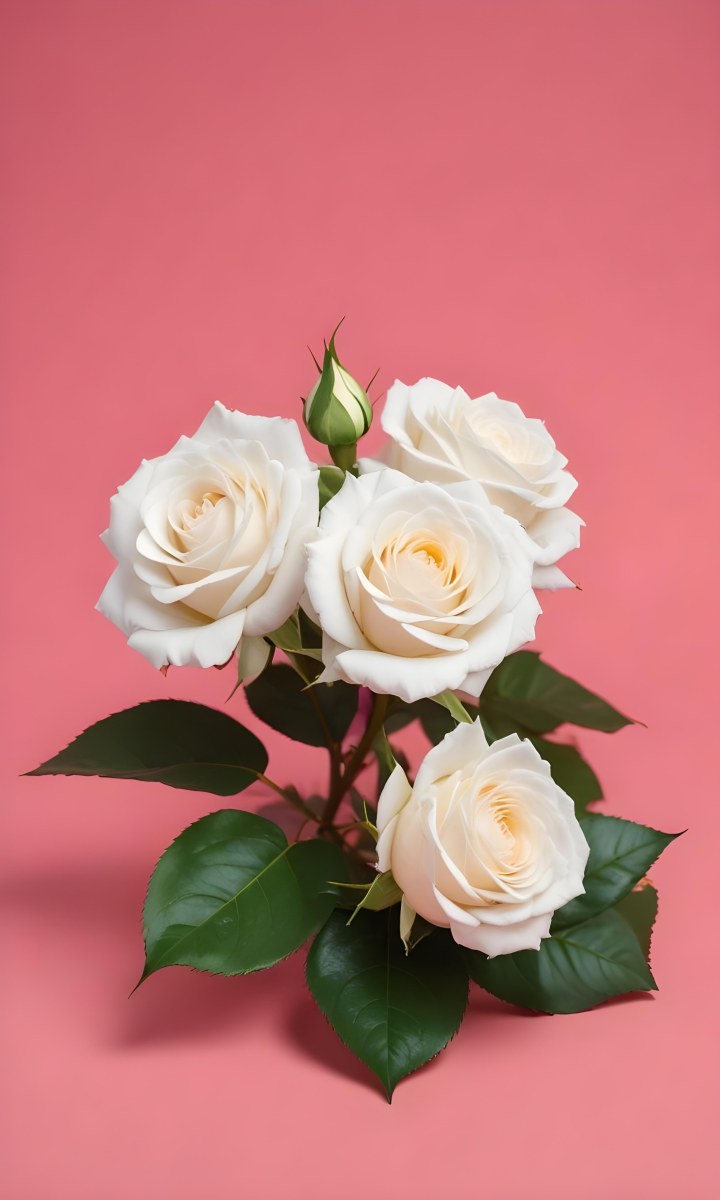 Three White Roses With Green Leaves On A Pink Background 86 11bf