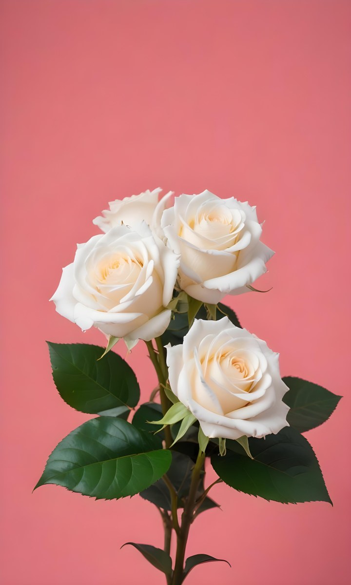 Three White Roses With Green Leaves On A Pink Background 88 1fe8