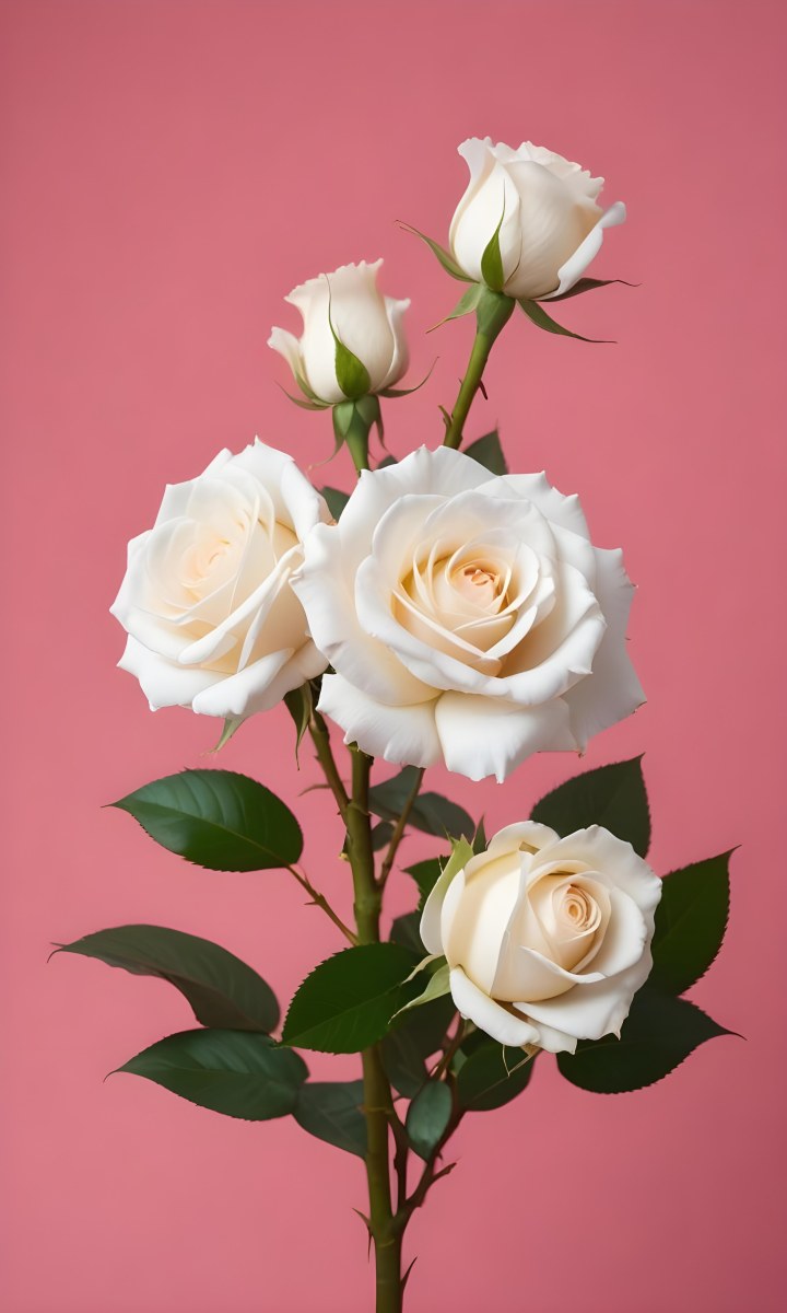 Three White Roses With Green Leaves On A Pink Background 89 B976