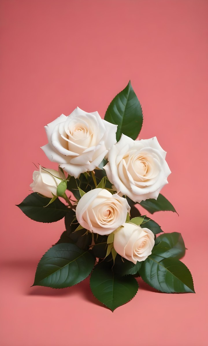 Three White Roses With Green Leaves On A Pink Background 90 7213