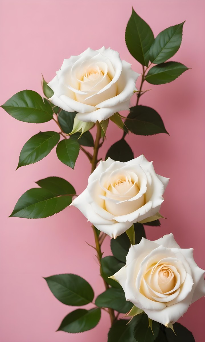 Three White Roses With Green Leaves On A Pink Background 92 Bfd0